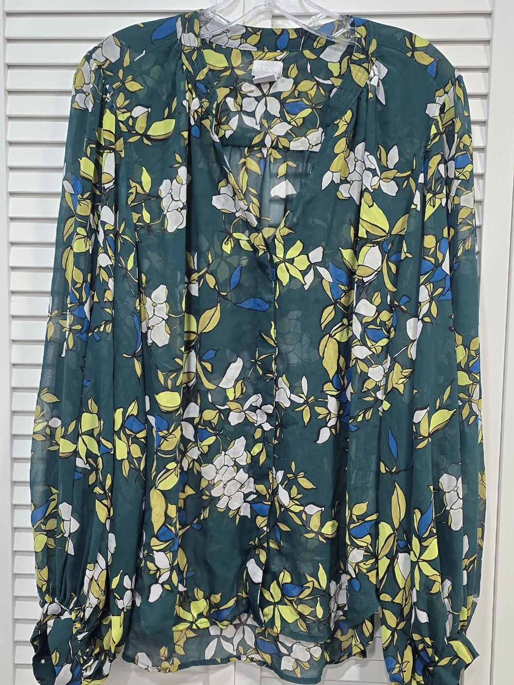 Chico's Teal Floral Sheer Long-Sleeve Blouse